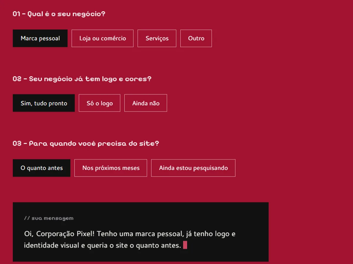 Formulário de contato da Corporação Pixel com as três perguntas respondidas e a mensagem do WhatsApp já montada