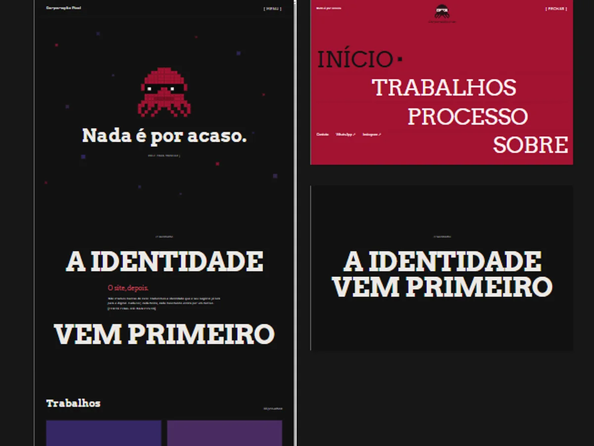 Rascunho do layout do site no canvas: a home, o menu aberto e o manifesto lado a lado