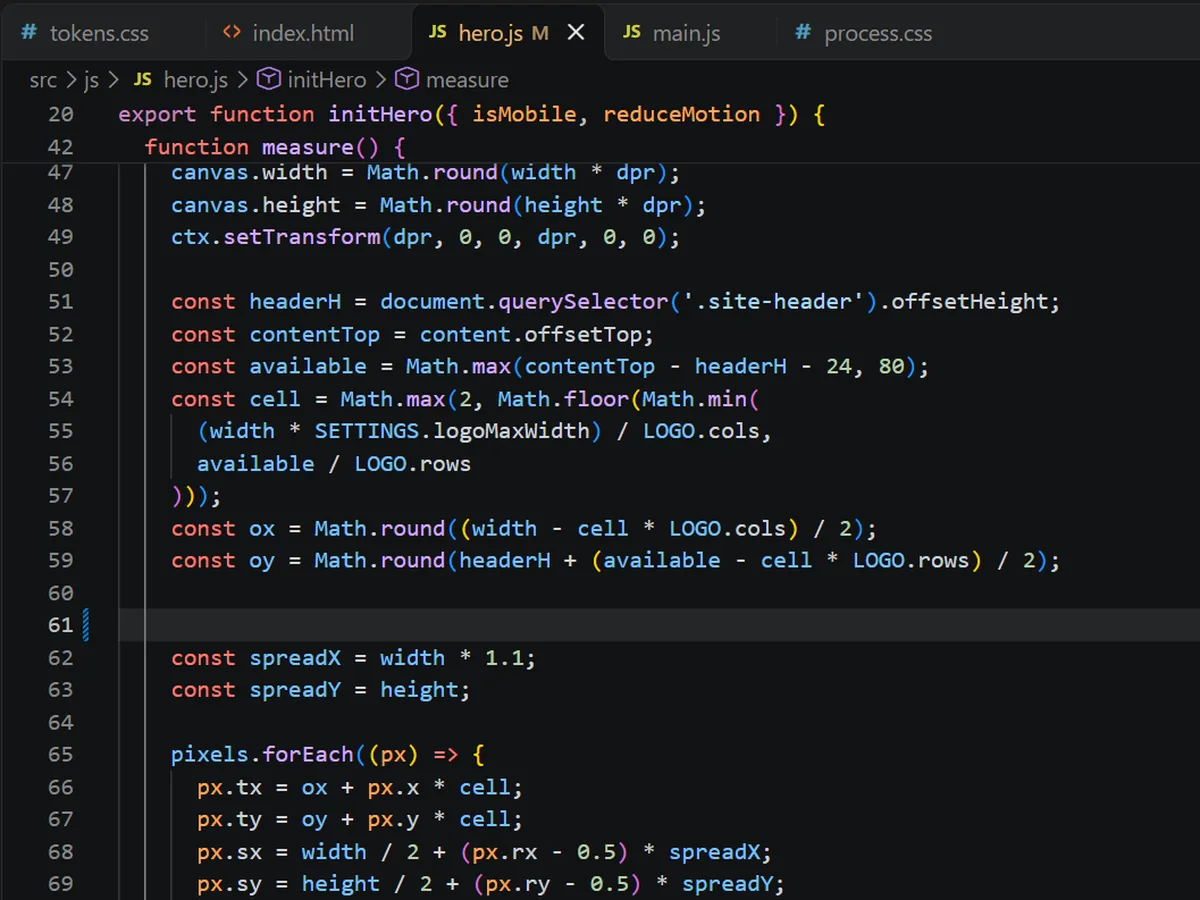 Código do site aberto no editor, no arquivo da animação do hero