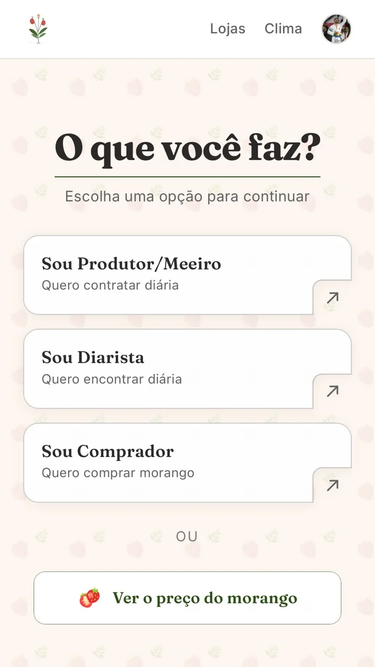 Tela inicial do Raíz: a pergunta “O que você faz?” com as opções produtor ou meeiro, diarista e comprador, e o atalho para ver o preço do morango