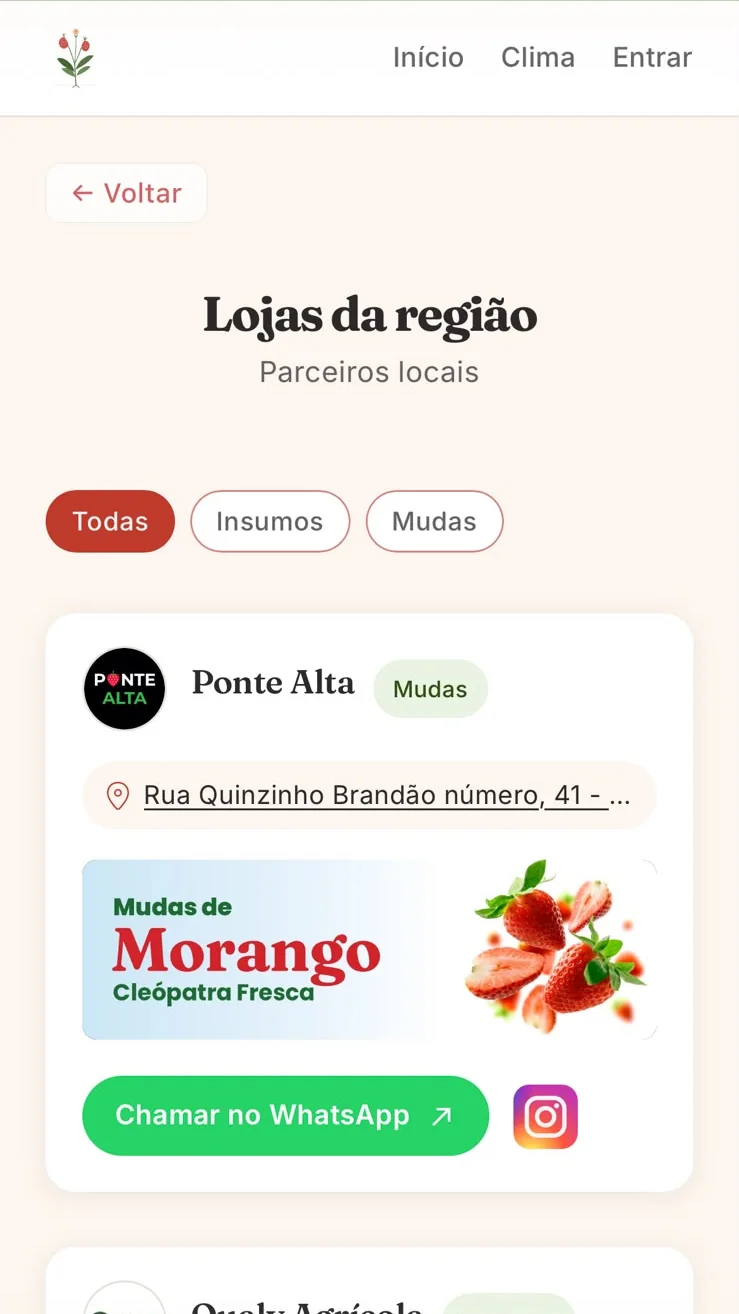 Tela Lojas da região: filtro por categoria e o card da loja Ponte Alta, de mudas, com endereço, banner e botões de WhatsApp e Instagram