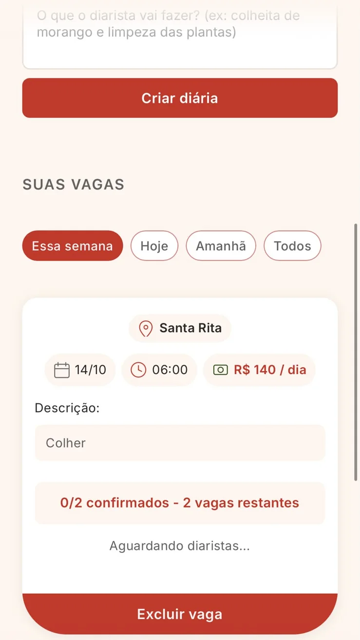 Tela do produtor: botão Criar diária e a lista Suas vagas, com uma vaga em Santa Rita, 0 de 2 confirmados