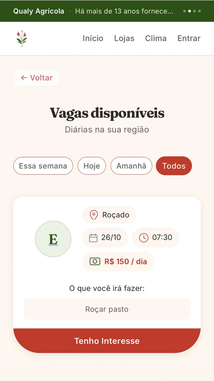 Tela do diarista: Vagas disponíveis, com local, data, horário, valor da diária e o botão Tenho interesse